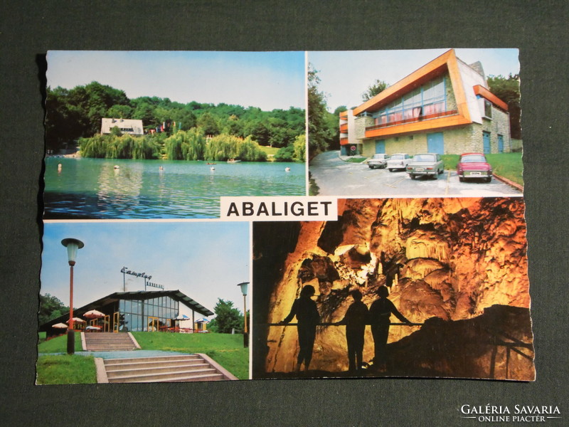 Képeslap, Abaliget,mozaik részletek, tó cseppkőbarlang, turistaház, camping étterem ,szálló
