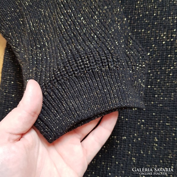 Új, kb. 4XL-es arany színben csillogó fekete, oversize kötött ruha, tunika, hosszított pulcsi