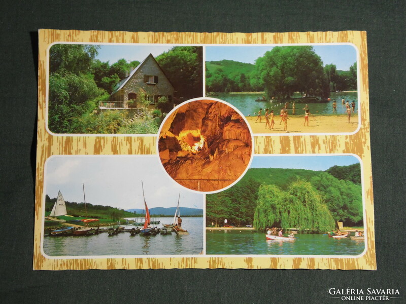 Postcard, abaliget orfű, mosaic details, lake, stalactite cave, tourist house, restaurant, hostel