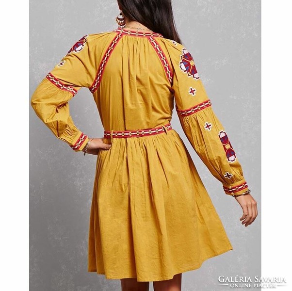 New s long sleeve embroidered mustard dress with belt