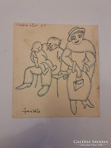 Feiks Jenő (1878-1939) "Családi élet" humoros kézimunka tus rajz