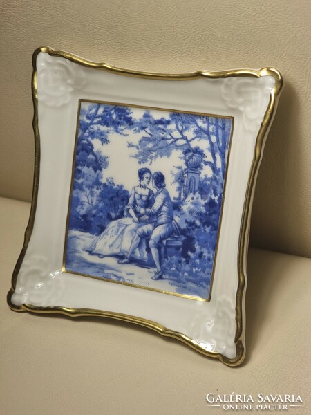 German johann haviland Bavarian cobalt blue gold border painted porcelain love scene wall picture