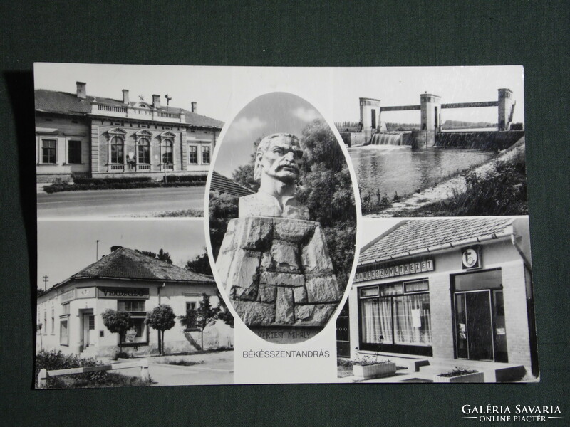 Postcard, Békésszentandra, council house, dam, savings association, pub, statue