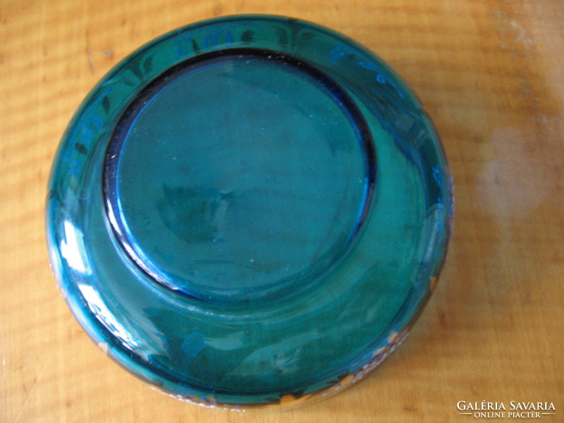 Antik aranyozott és zománcfestett kék cseh üveg tálka