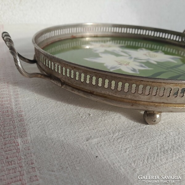 Art deco faience tray with metal frame, 24 cm diameter + handles