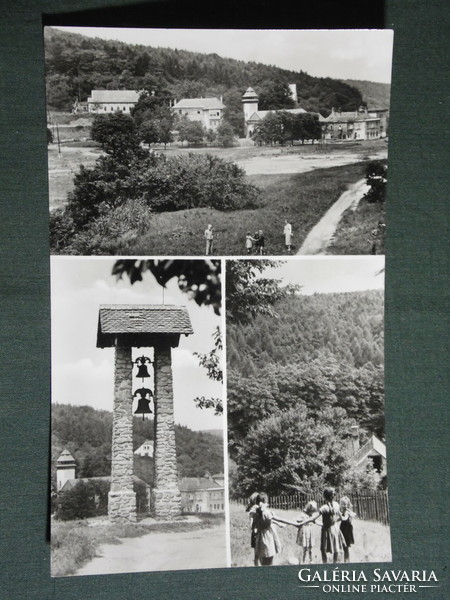 Postcard, Brennberg mine, mosaic details, belfry, village view, church