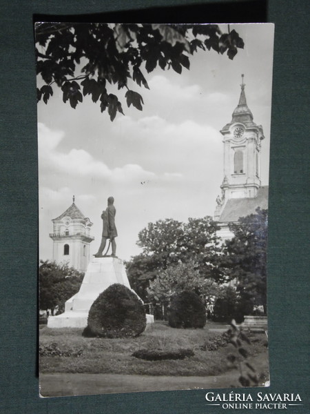 Postcard, Békéscsaba, Kossuth square, statue, park detail, church skyline