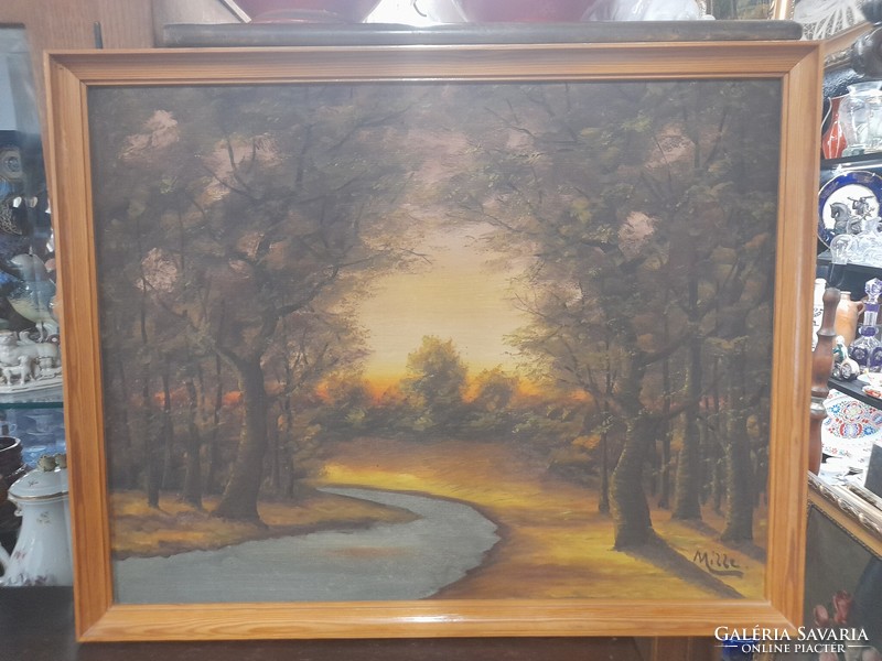 Oil-on-cardboard mille sign forest landscape painting.