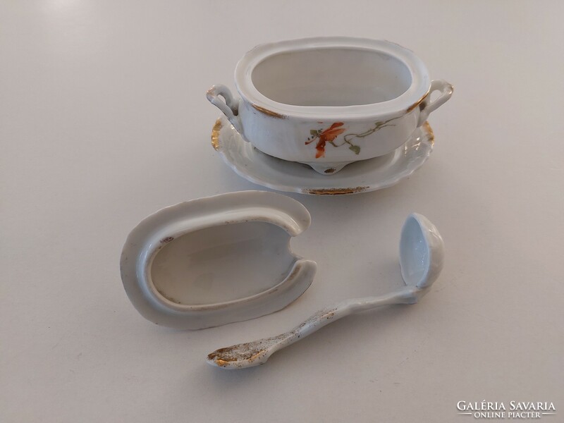 Old Viennese porcelain bowl with protected lid offering caviar with a poppy pattern