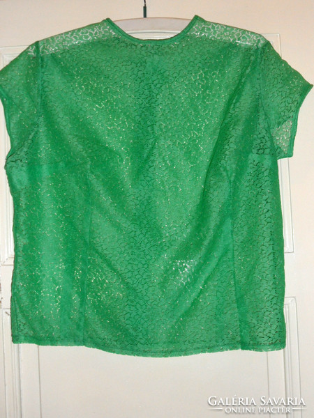 Vintage green machine lace women's blouse, top (size 46)