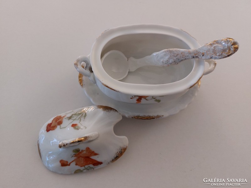 Old Viennese porcelain bowl with protected lid offering caviar with a poppy pattern