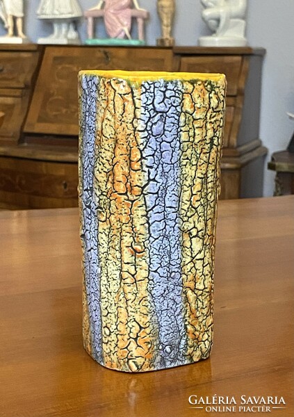 Marked retro yellow ruddy-glazed column-shaped ceramic vase 19 cm