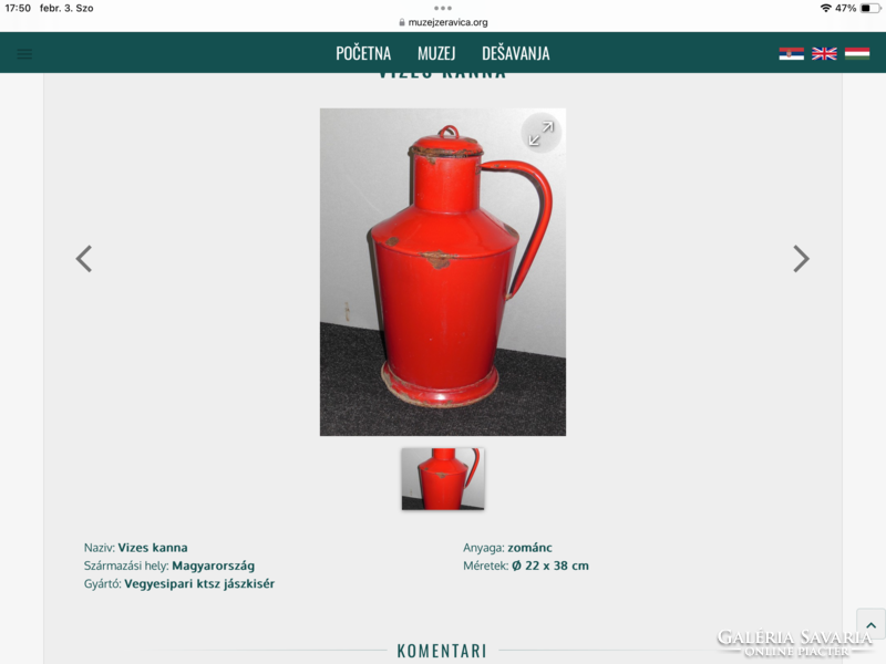 Jászkisér red enamel Ceglédi water jug, large size, rustic decoration, nostalgia, 36 cm. 7L