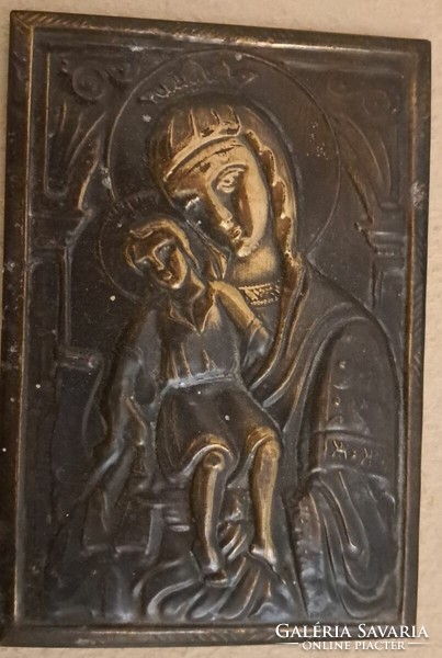Régi kegykép, lemezkép ,Mária  gyermekével.vékony bronzlap. 11x16 cm.