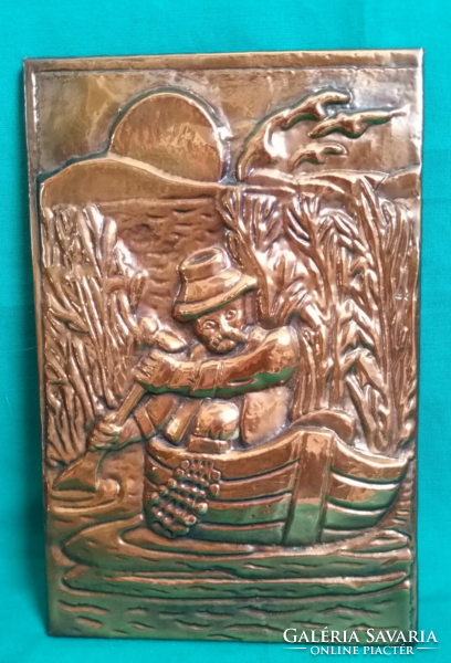 Fém préselt lemez jelenetes falidísz - bronz vagy réz anyagból - Balaton, csónak, halász figura