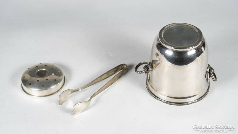 Silver ice bucket - with ice tongs and strainer
