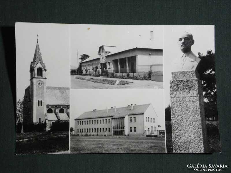 Postcard, besnyő, mosaic details, church skyline, village house, school, Salla statue