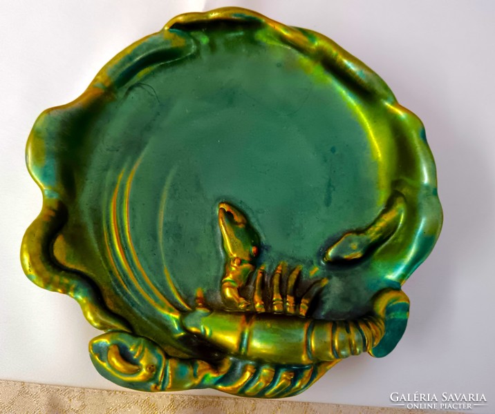 Zsolnay eozin zöld aranymázas homáros,kígyós porcelán hamutál