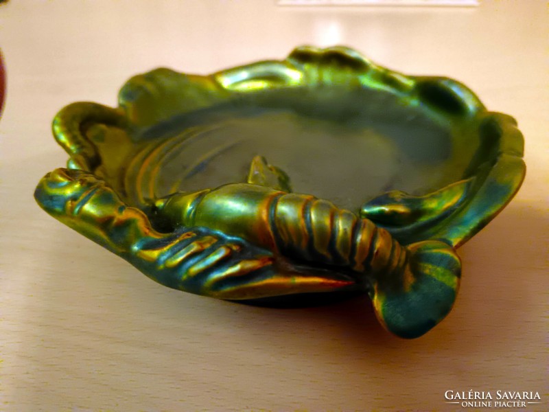 Zsolnay eozin green gold-glazed lobster, snake porcelain ashtray
