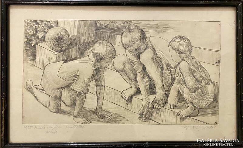 Jr. Fay aladár - children playing balls - etching