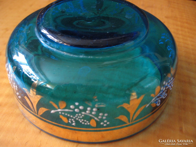 Antique gold-plated and enamel-painted blue Czech glass bowl