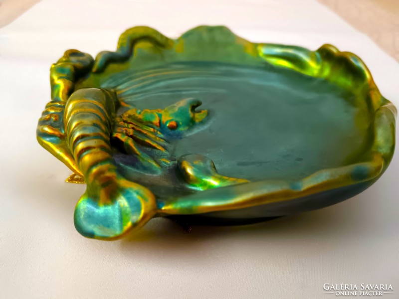 Zsolnay eozin green gold-glazed lobster, snake porcelain ashtray