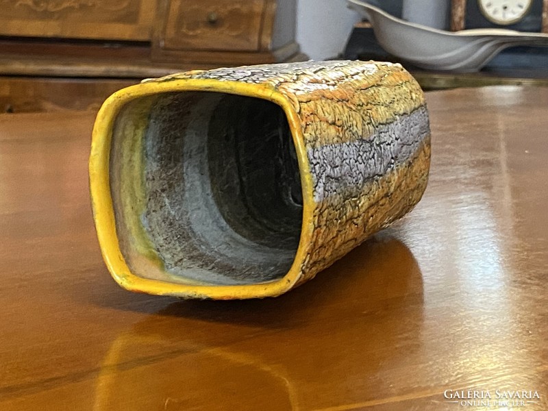 Marked retro yellow ruddy-glazed column-shaped ceramic vase 19 cm