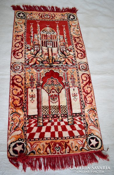 Turkish patterned carpet, tapestry, wall decoration, silk carpet 111 x 53 cm + fringe