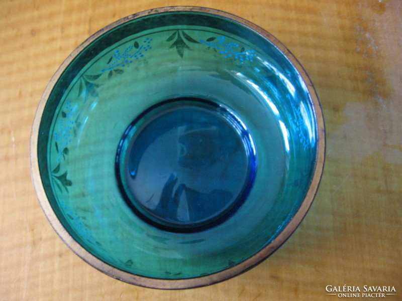 Antique gold-plated and enamel-painted blue Czech glass bowl