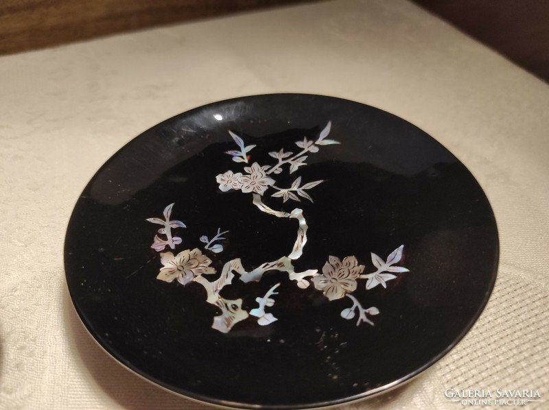 Chinese lacquer, mother-of-pearl inlaid cup and saucer
