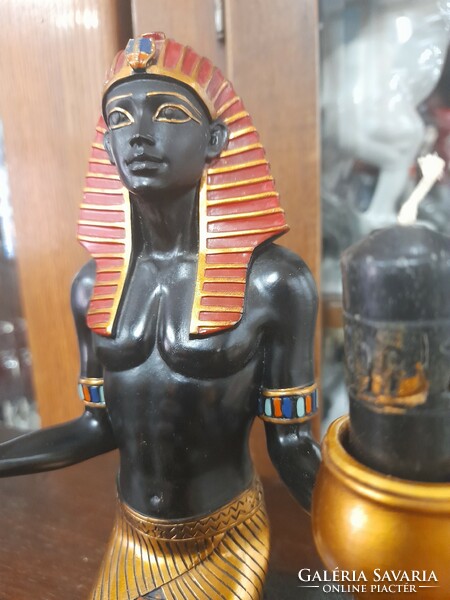 Egyiptomi Figurális Festett Gyertyatartó Emléktárgy Szobor.