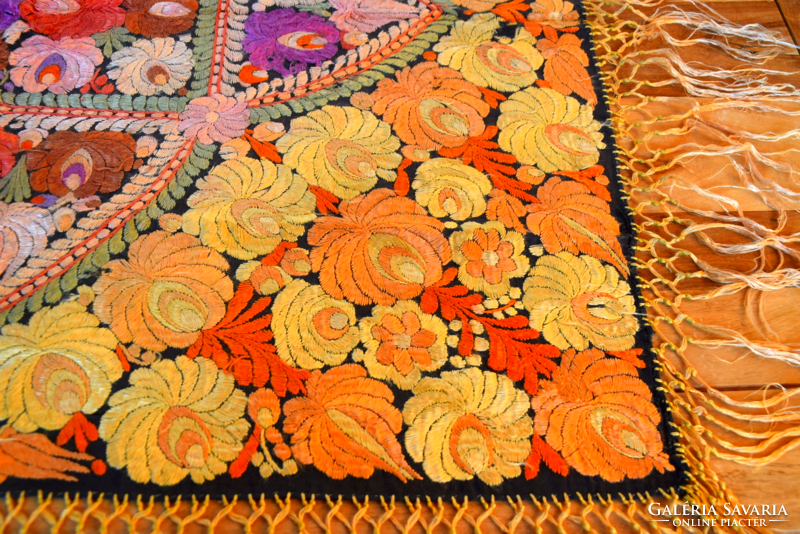 Antique old hand-embroidered silk gold O Matyó tablecloth table cloth folk art 93 x 89 cm