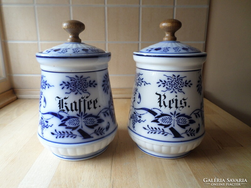 2 antique earthenware onion pattern spice holders, coffee and rice holders