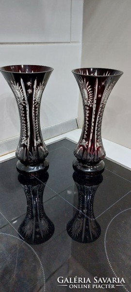 Pair of burgundy crystal glass vases