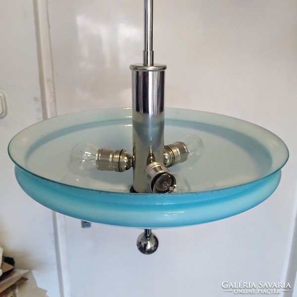 Art deco - bauhaus 3-burner nickel-plated chandelier renovated - large blue glass shade