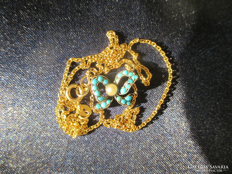 Antique necklace: Biedermeier bow with turquoise stones, pearls, gold chain