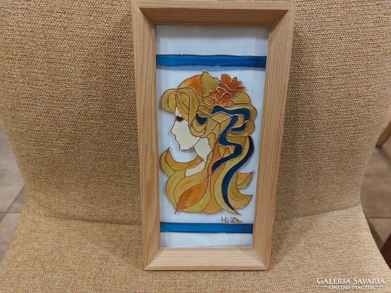 (K) beautiful glass painting 23x12 cm signed with frame