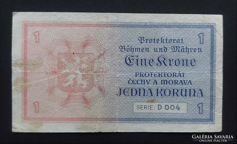 Cseh-Morva Protektorátus 1 Korona, Koruna 1940, F+, "D004" alacsony sorozat.