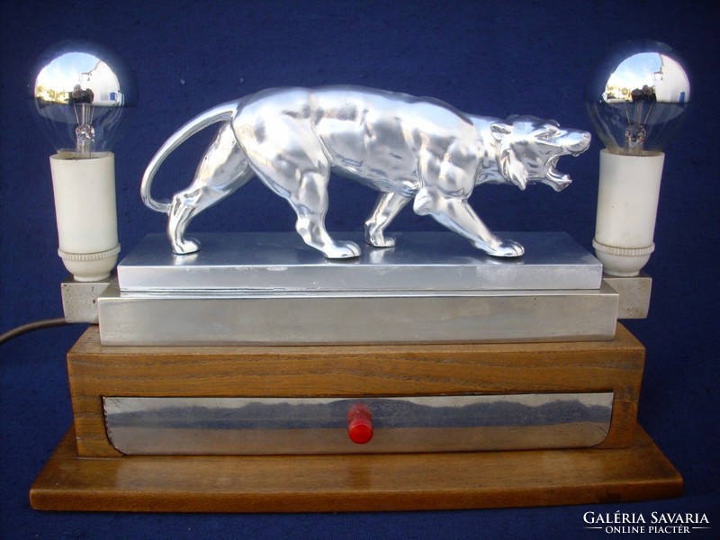 Art-deco desk lamp with tiger sculpture and pen holder with drawer