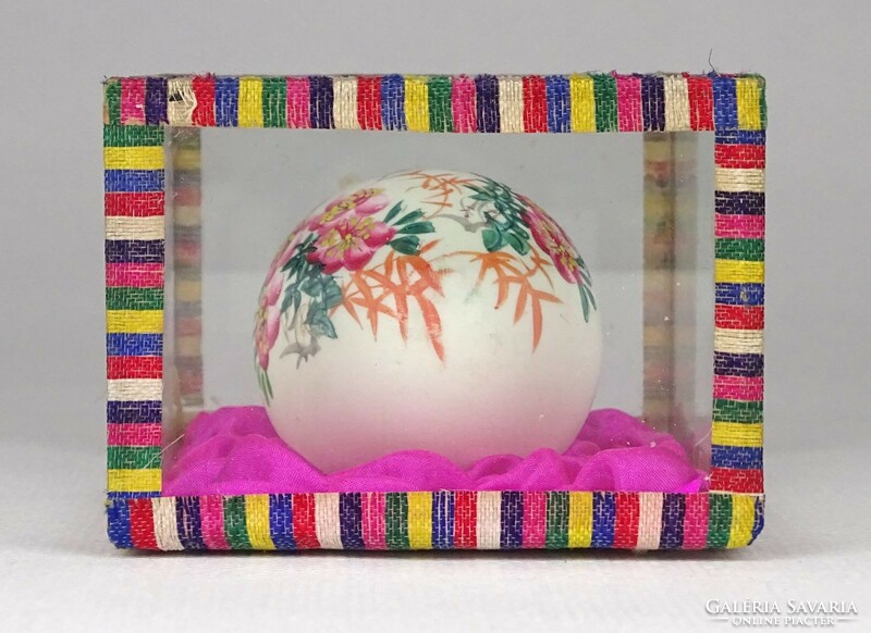 1P708 Régi festett madaras húsvéti tojás üveg dobozban 9 x 5 x 7 cm