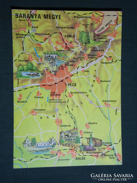 Postcard, Mecsek coal mine directorate, Pécs, Baranya county, graphic map, spa, castle, wine bar,