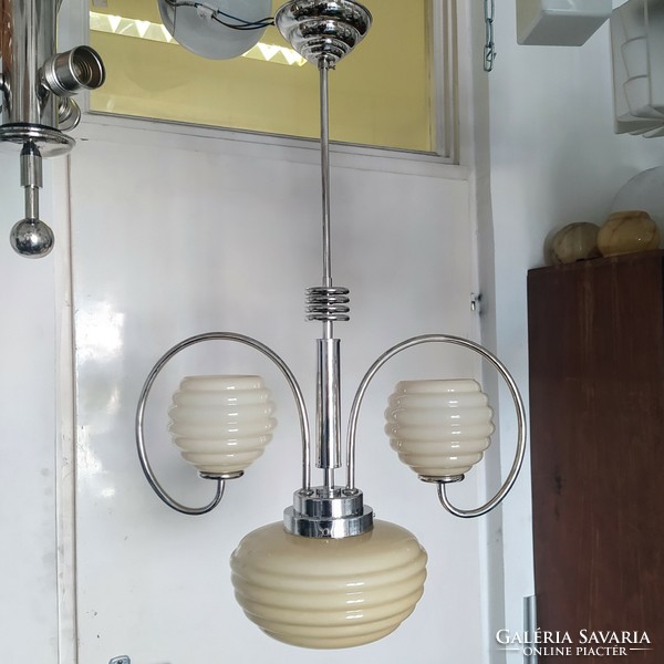 Streamline - art deco 3-burner nickel-plated chandelier renovated - horizontally ribbed, cream shade