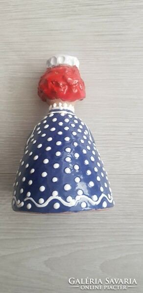 Ceramic bell, lady in blue polka dot dress, unknown mark, marked