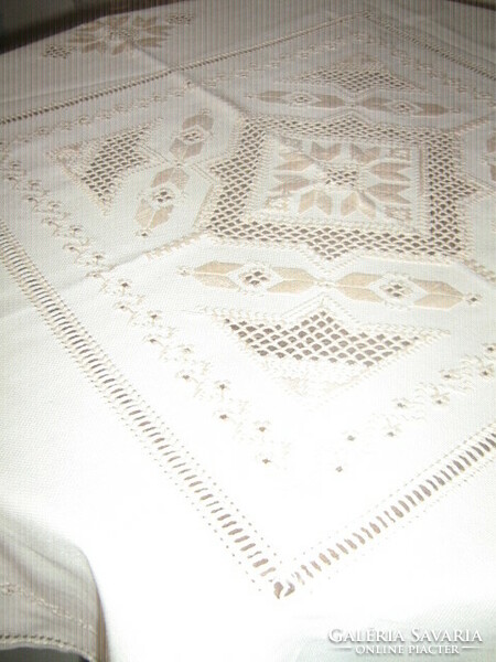 Beautiful cream-colored embroidered azure woven needlework tablecloth