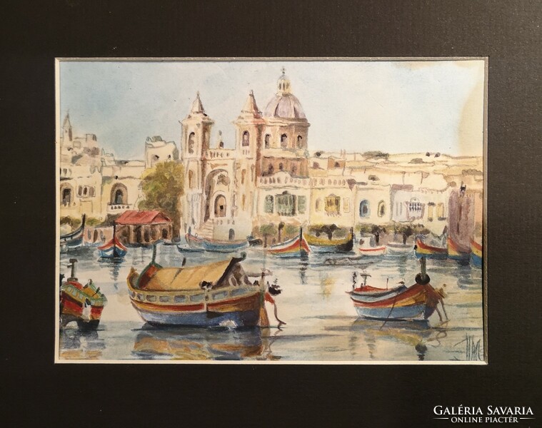 Malta Marsaxlokk, Máltai halász bárkák. Jelzett akvarell festmény.