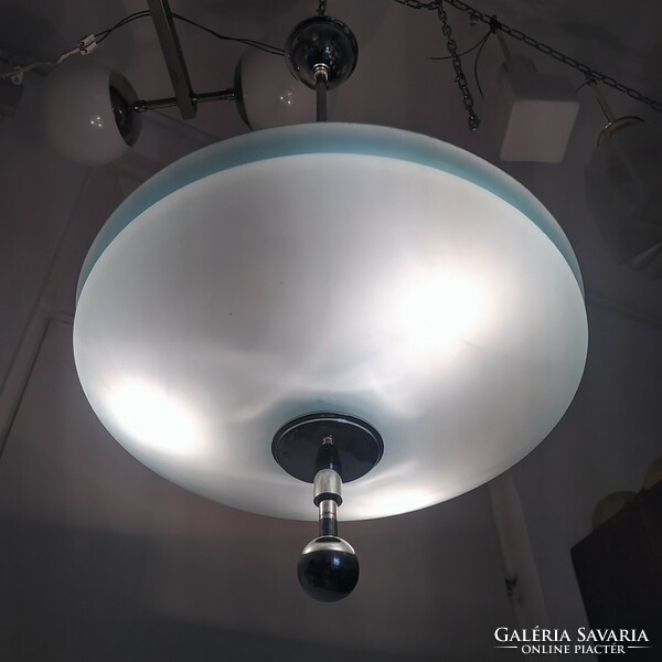 Art deco - bauhaus 3-burner nickel-plated chandelier renovated - large blue glass shade