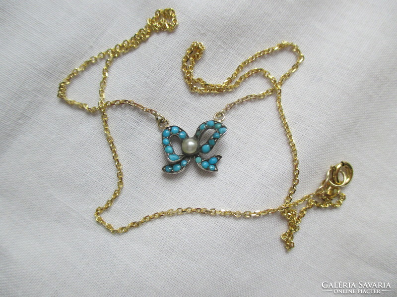 Antique necklace: Biedermeier bow with turquoise stones, pearls, gold chain