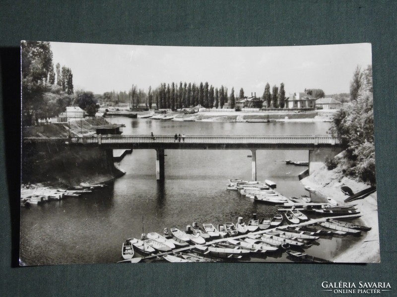 Képeslap, Baja, Sugovica a híddal, csónak kikötő, látkép részlet