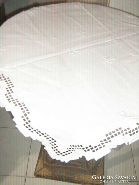 Beautiful snow-white hand-embroidered azure woven tablecloth