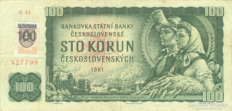 100 Koruna 1961-1993 with Slovak stamp Slovakia 1.